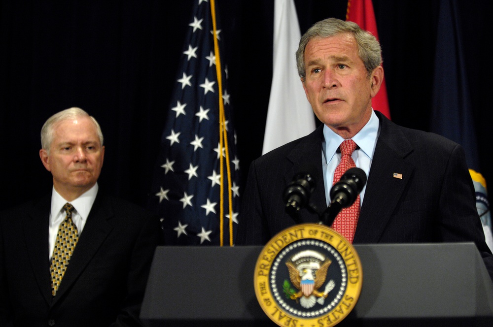 President George W. Bush addresses the press.