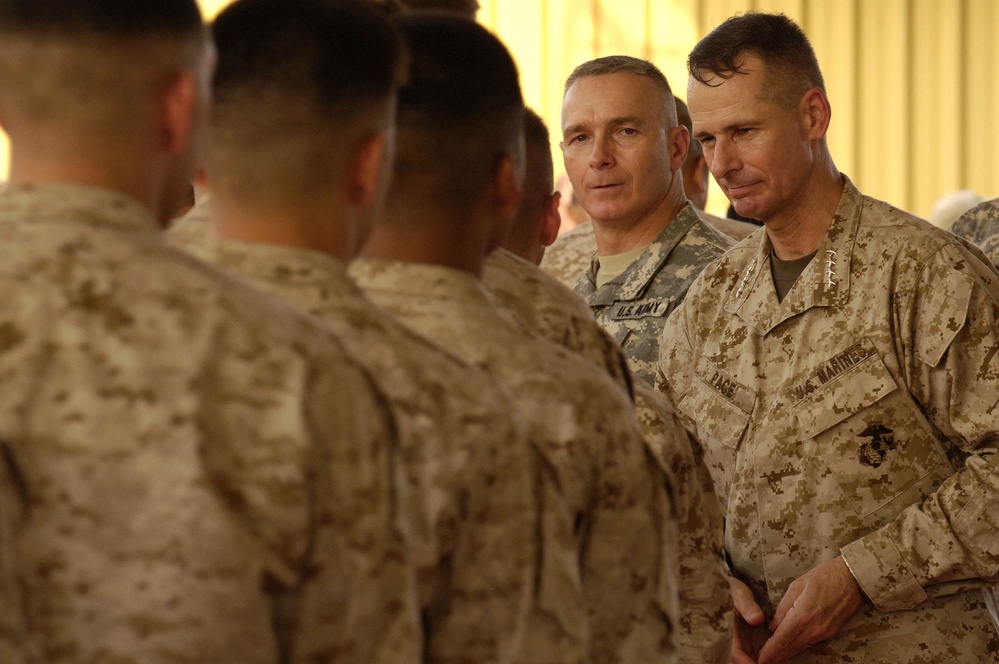 Marines stand in line to shake hands and thank Gen. Peter Pace.