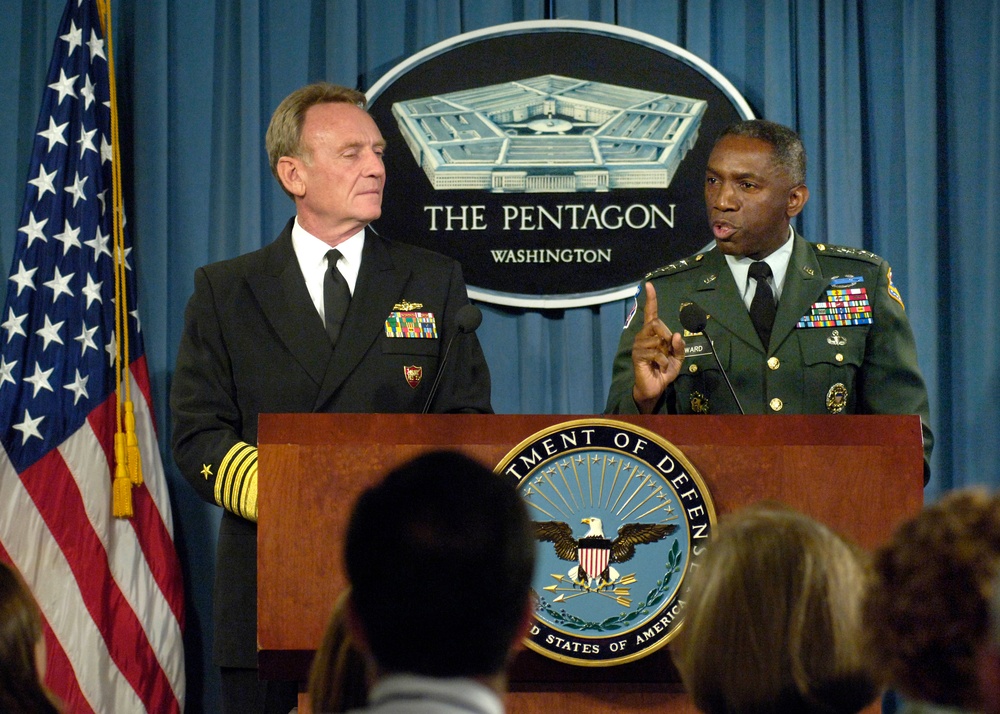 Adm. Henry Ulrich and Lt. Gen. William E. Ward brief reporters.