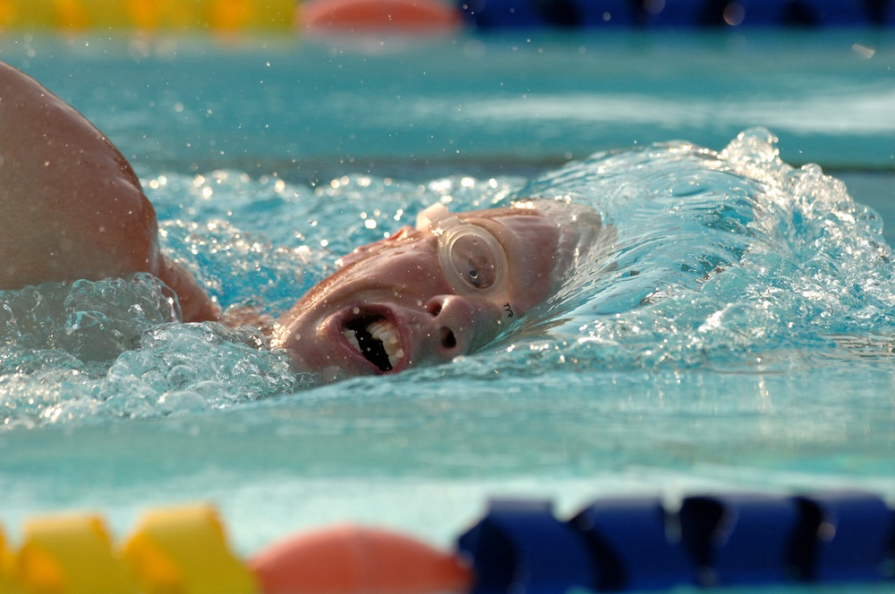 Tech. Sgt. Michael Bergquist swims practice laps.