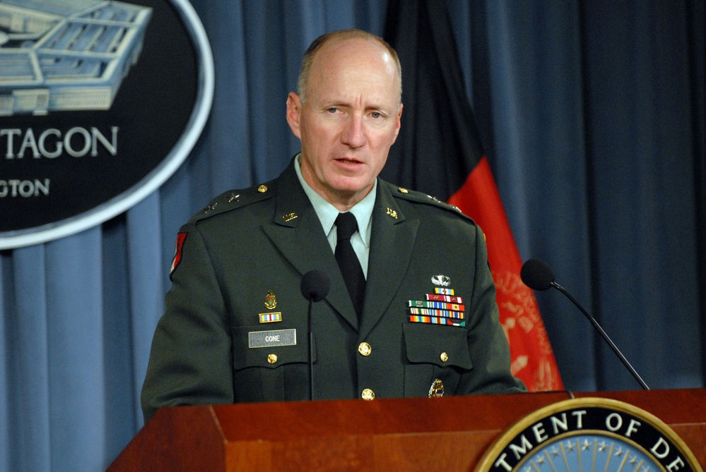 Maj. Gen. Robert Cone responds to a reporter's question.