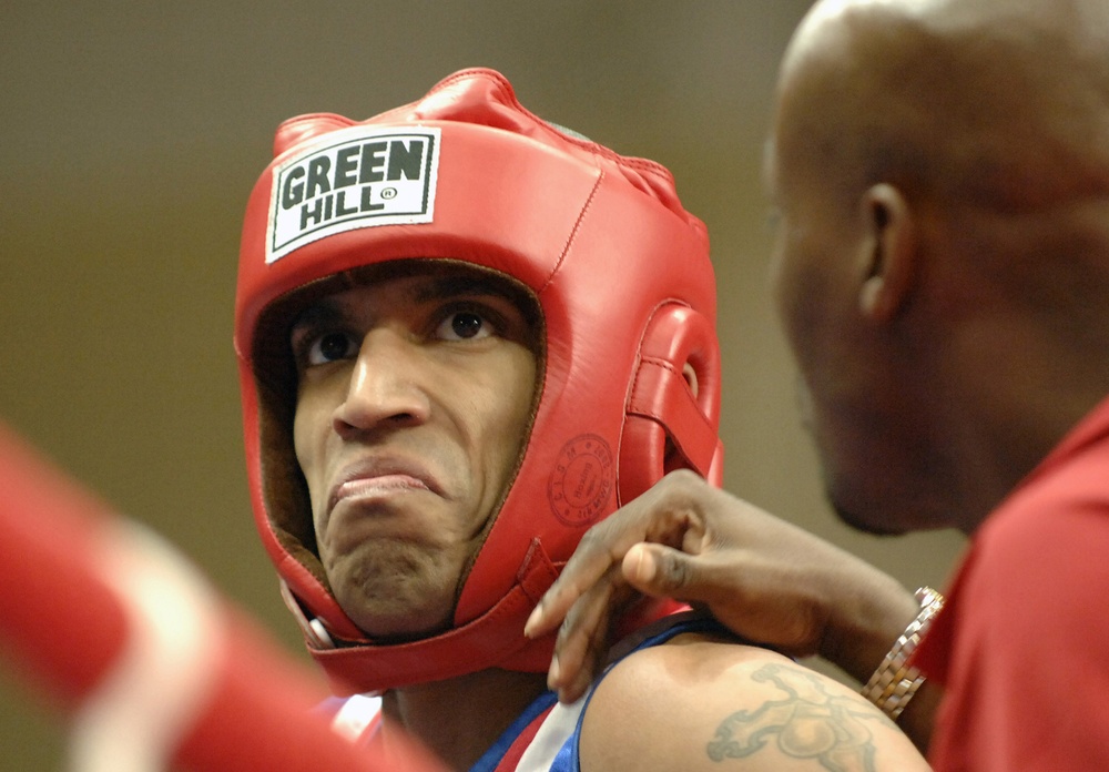 U.S. Army Spc. Alexis Ramos stands in his corner.