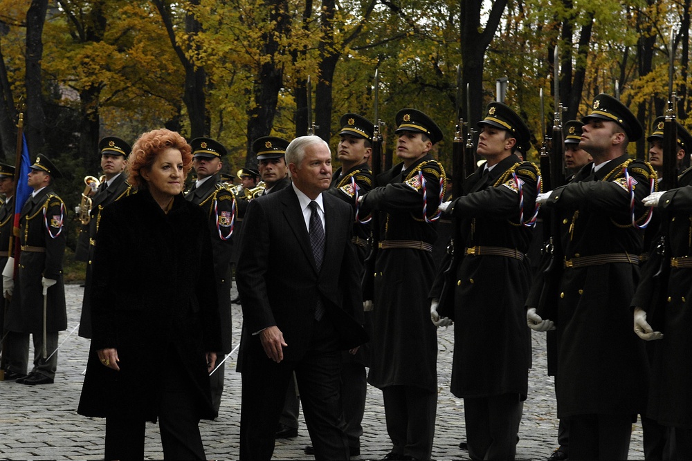 Czech Minister of Defense Vlasta Parkanova and Secretary Gates review the troops.