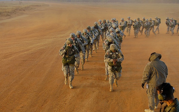U.S. Army paratroopers line up.