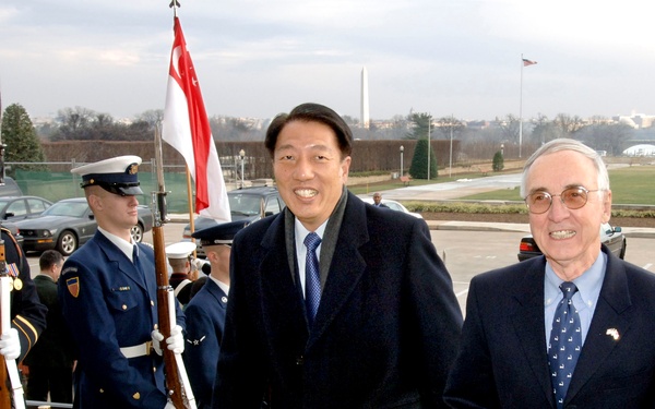 Deputy Secretary England escorts Singapore's Minister of Defense Teo Chee Hean into the Pentagon.