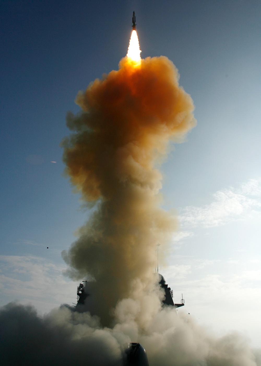 The USS Lake Erie (CG 70) launches a Standard Missile-3.