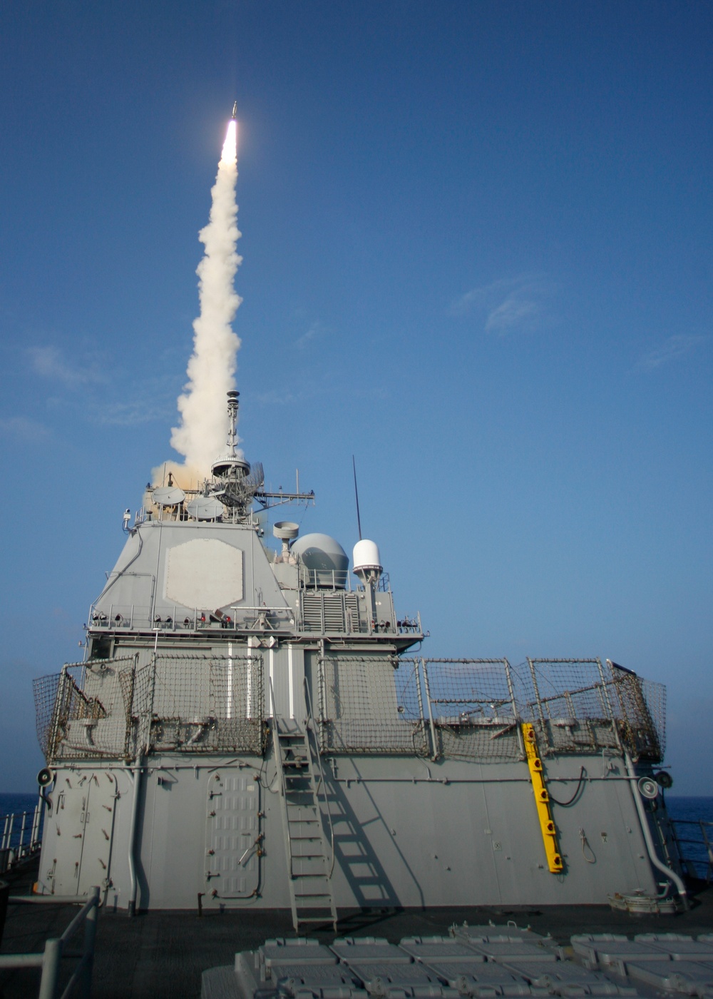 The USS Lake Erie (CG 70) launches a Standard Missile-3.