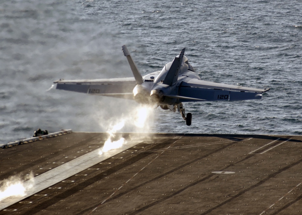 A U.S. Navy F/A-18 Super Hornet aircraft launches.