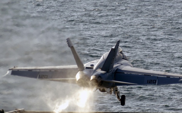 A U.S. Navy F/A-18 Super Hornet aircraft launches.