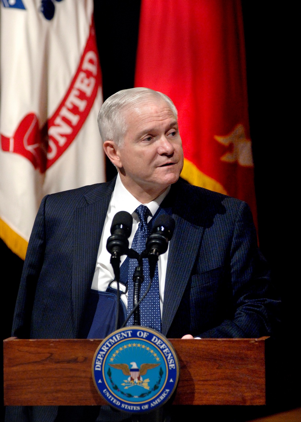 Secretary Gates addresses the audience in the Pentagon auditorium.
