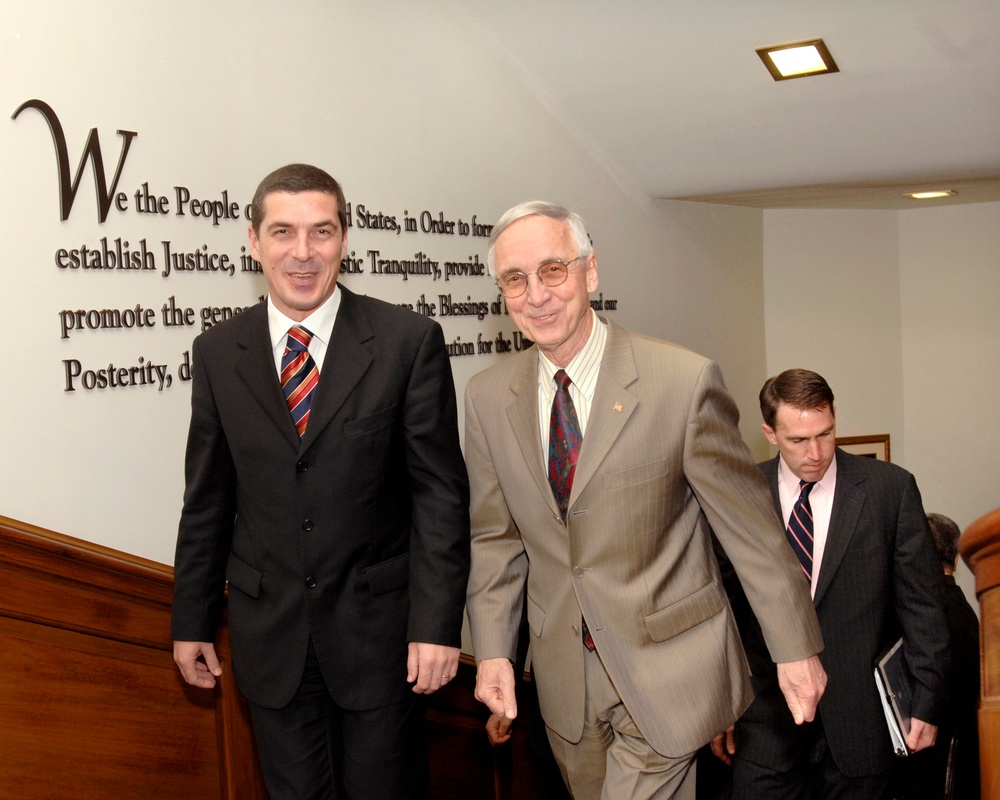 Deputy Secretary England escorts Albanian Minister of Defense Gazmend Oketa.