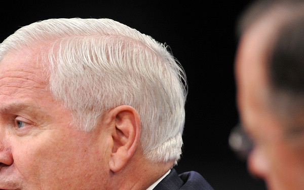 Secretary Gates delivers his remarks during a Pentagon press briefing.