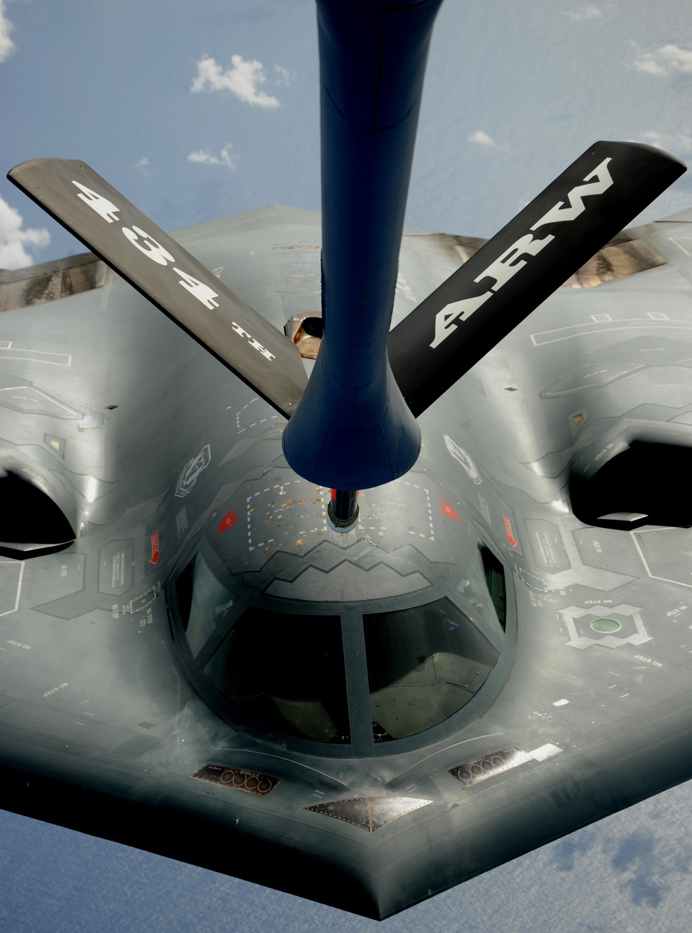 A B-2 Spirit aircraft gets in position to refuel.