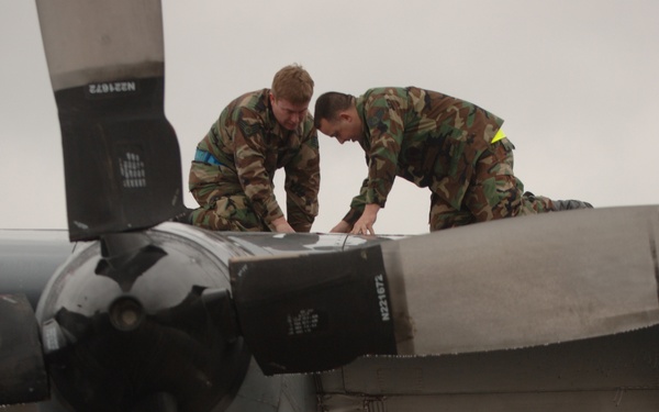Staff Sgts. Paul Harris and Devon Bullock conduct preventative maintenance inspections.