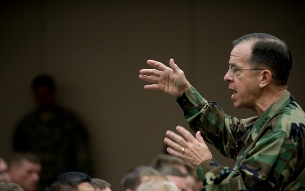 Adm. Mike Mullen answers questions during an all-hands call.