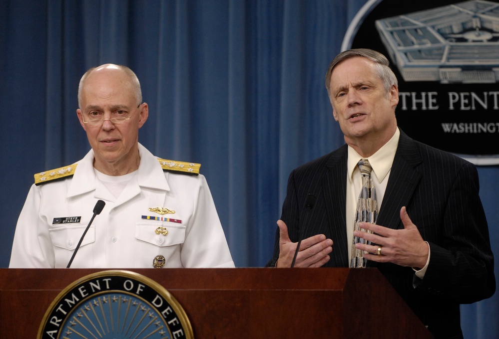Robert Hale and Vice Adm. Steve Stanley conduct a press briefing.