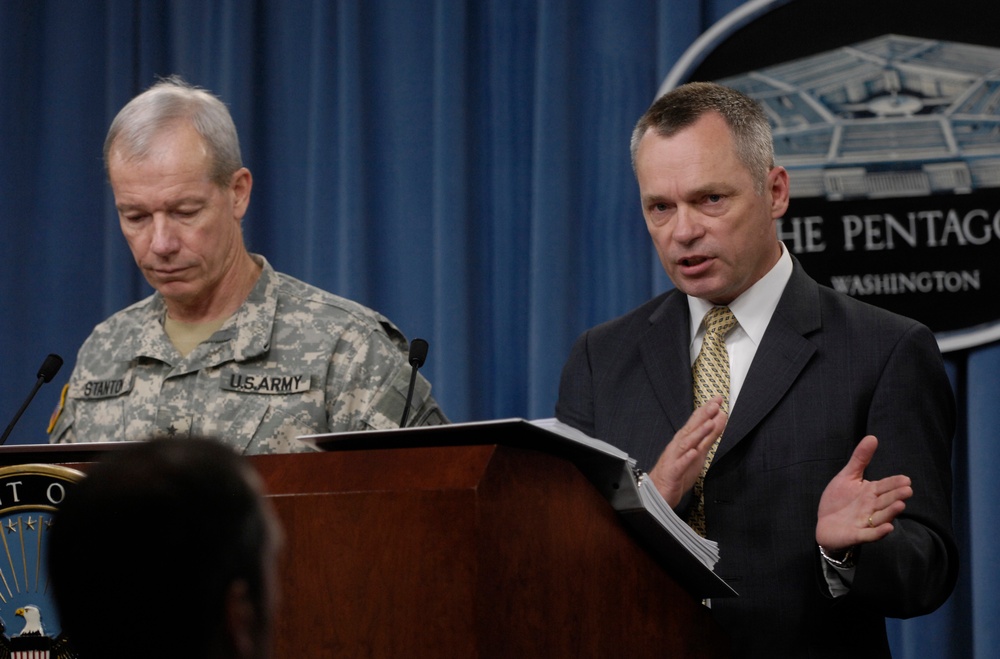 William H. Campbell and Lt. Gen. Edgar E. Stanton III conduct a press briefing.