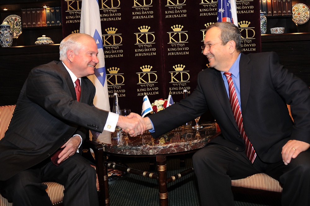 Secretary Gates is greeted by Israeli Defense Minister Ehud Barack.