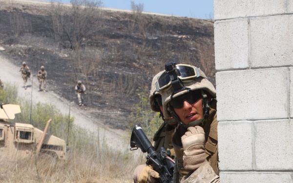 U.S. Marines ambush a simulated village during a training exercise.
