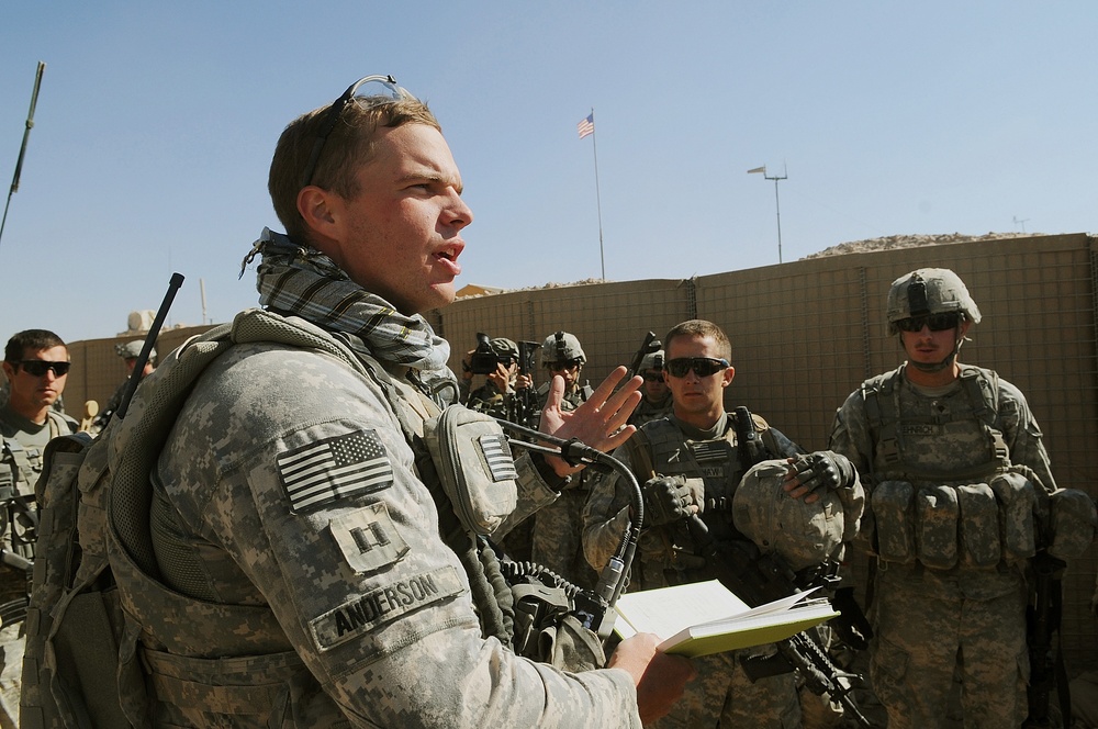 Capt. Brandon Anderson conducts a mission brief at Forward Operating Base Wolverine.