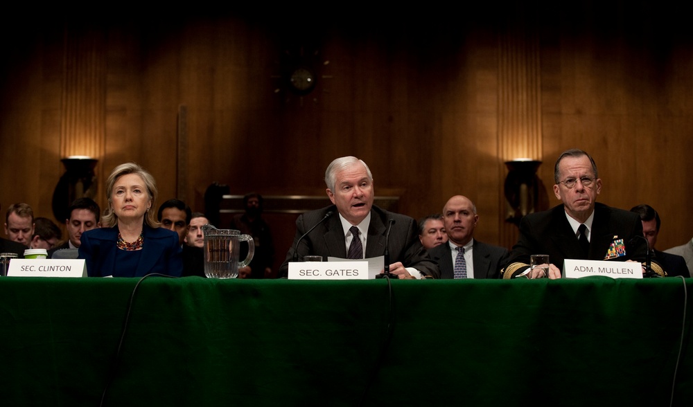 Secretary of State Hillary Rodham Clinton, Secretary of Defense Robert M. Gates and Adm. Mike Mullen testify before the Senate Armed Services Committee.
