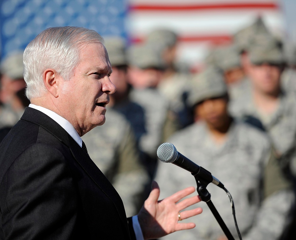 Secretary of Defense Robert M. Gates holds a town hall meeting.