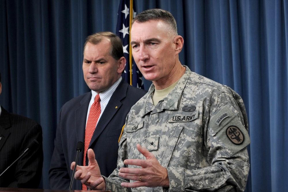Brig. Gen. Gary Cheek announces the inaugural Warrior Games at a Pentagon press conference.