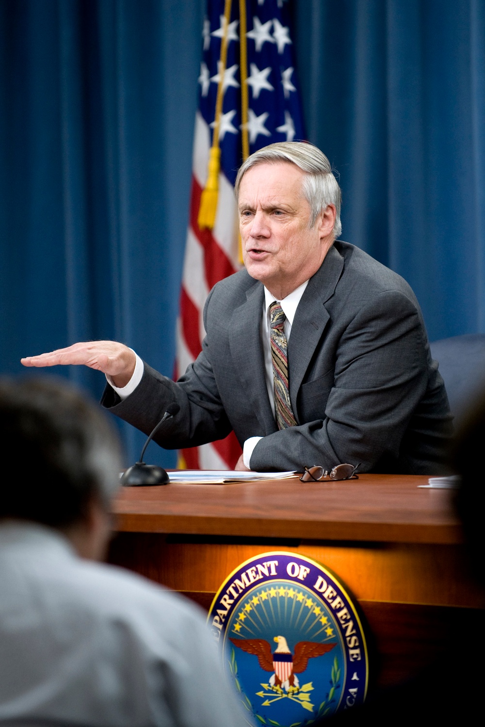 Under Secretary of Defense Comptroller Robert Hale conducts a press conference.