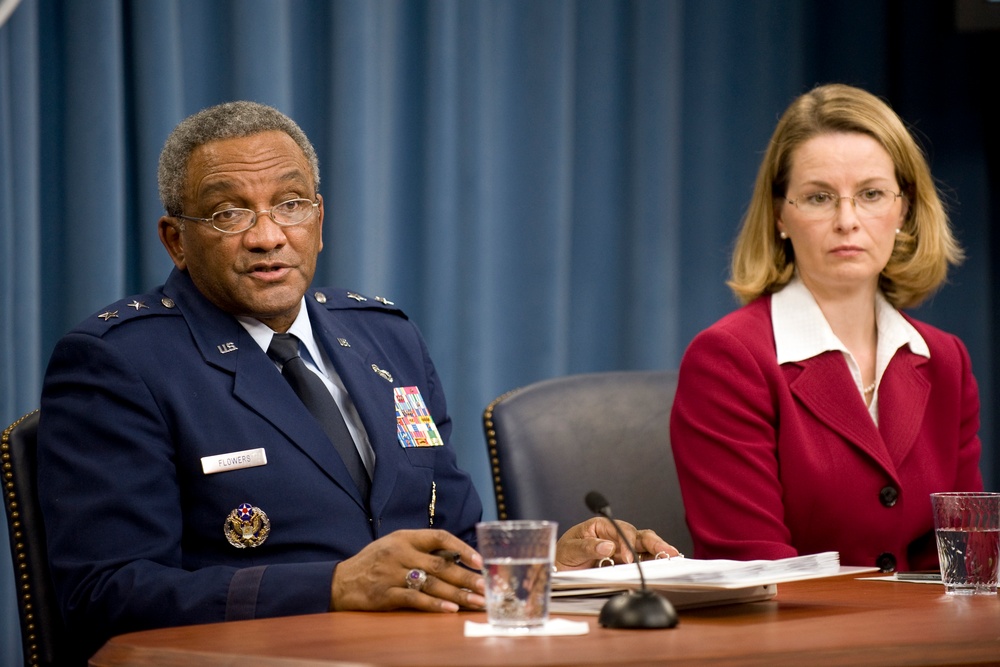 Maj. Gen. Alfred Flowers and Deputy for Budget Marilyn Thomas conduct a press conference.