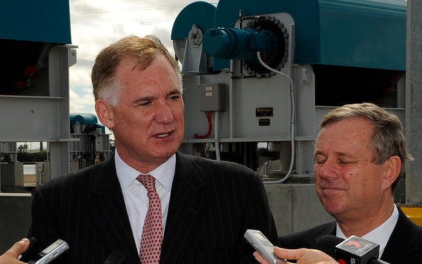 Deputy Secretary William J. Lynn III answers questions after receiving a tour of Techport.