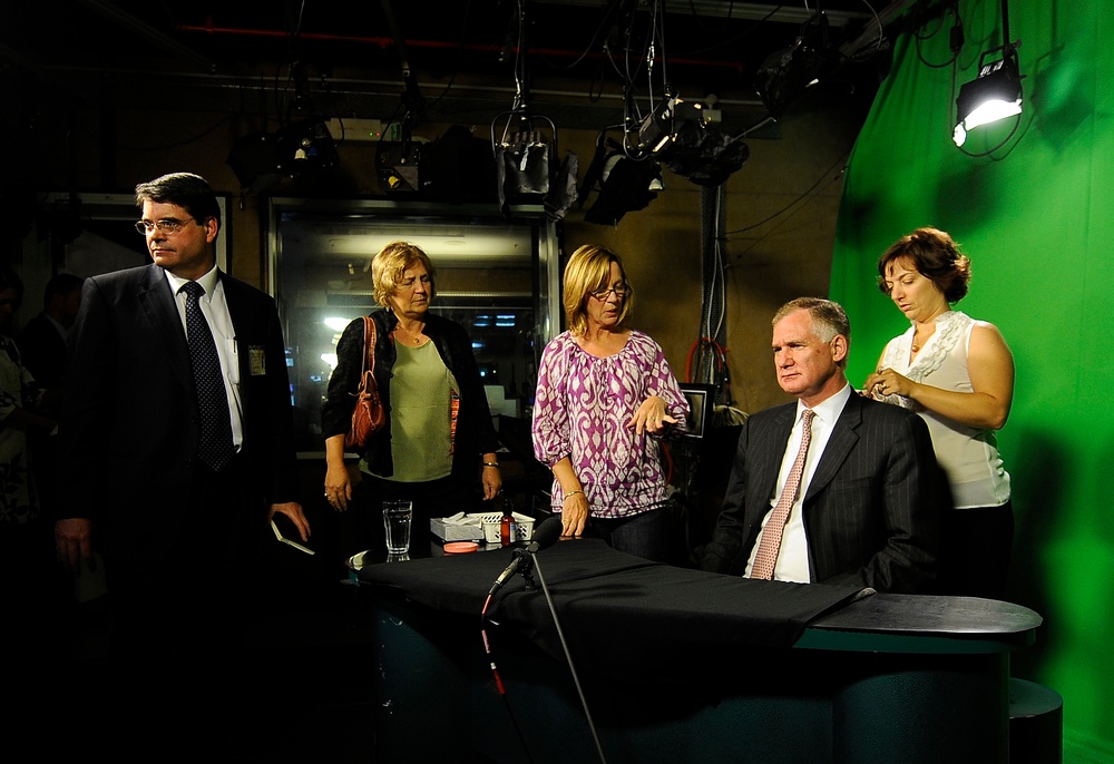 Deputy Secretary William J. Lynn III prepares for a television interview.