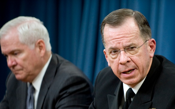 Secretary Gates and Adm. Mike Mullen conduct a news conference.