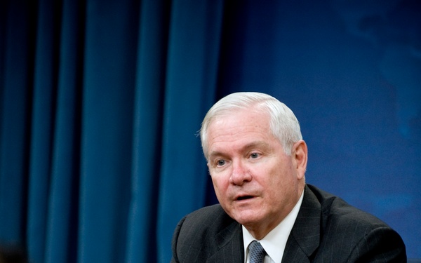 Secretary of Defense Robert M. Gates conducts a news conference.