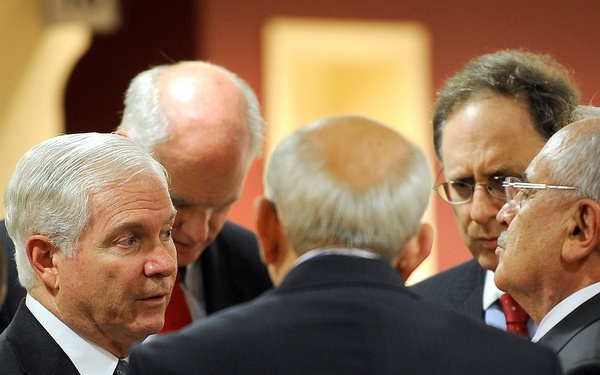 Secretary of Defense Robert M. Gates talks with Turkish Defense Minister Mehmet Vecdi Gonul.