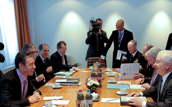 Secretary General of the North Atlantic Treaty Organization Anders Fogh Rasmussen welcomes Secretary Gates.