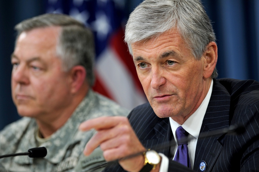 John M. McHugh holds a Pentagon press conference to address problems of inappropriate practices and mismanagement at Arlington National Cemetery.