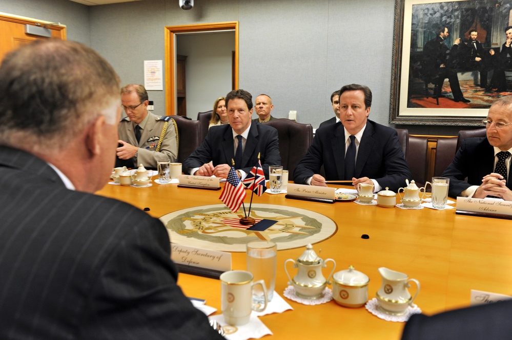 Deputy Secretary William J. Lynn III chairs a Pentagon meeting with British Prime Minister David Cameron.