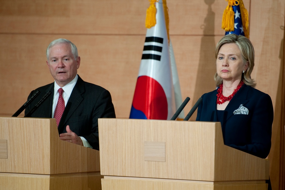 Secretary Gates and Secretary of State Hillary Rodham Clinton address the media.