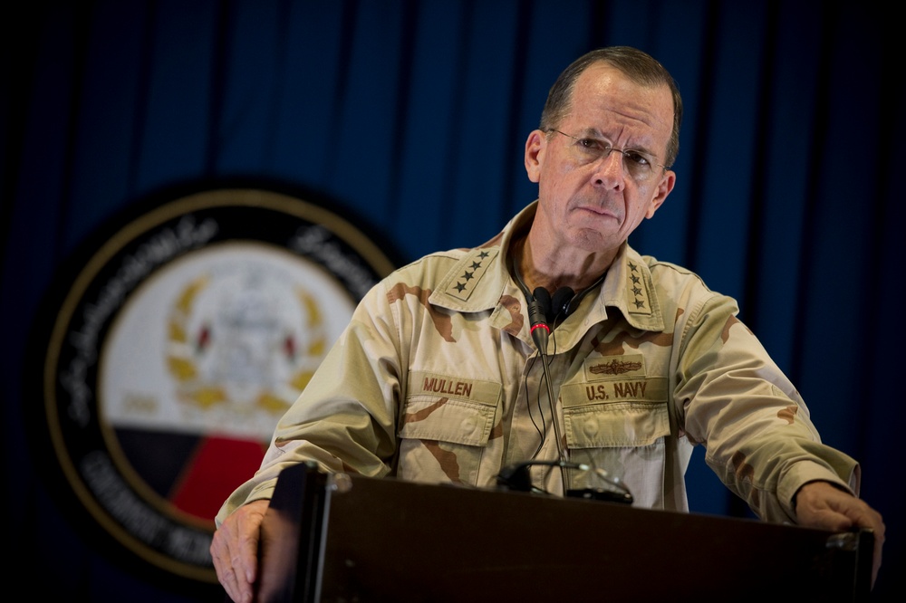 Adm. Mike Mullen addresses the media during a press availability.