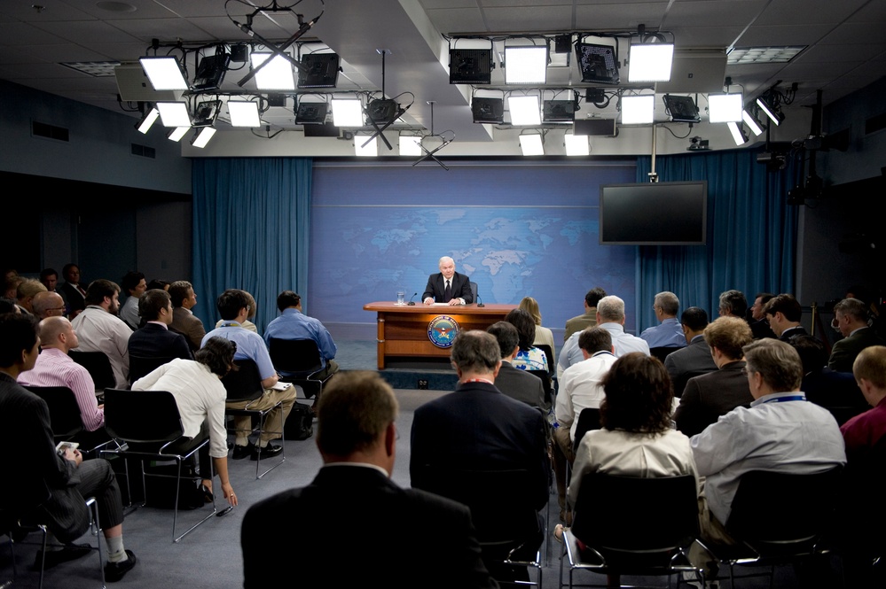 Secretary Gates conducts a press conference in the Pentagon.