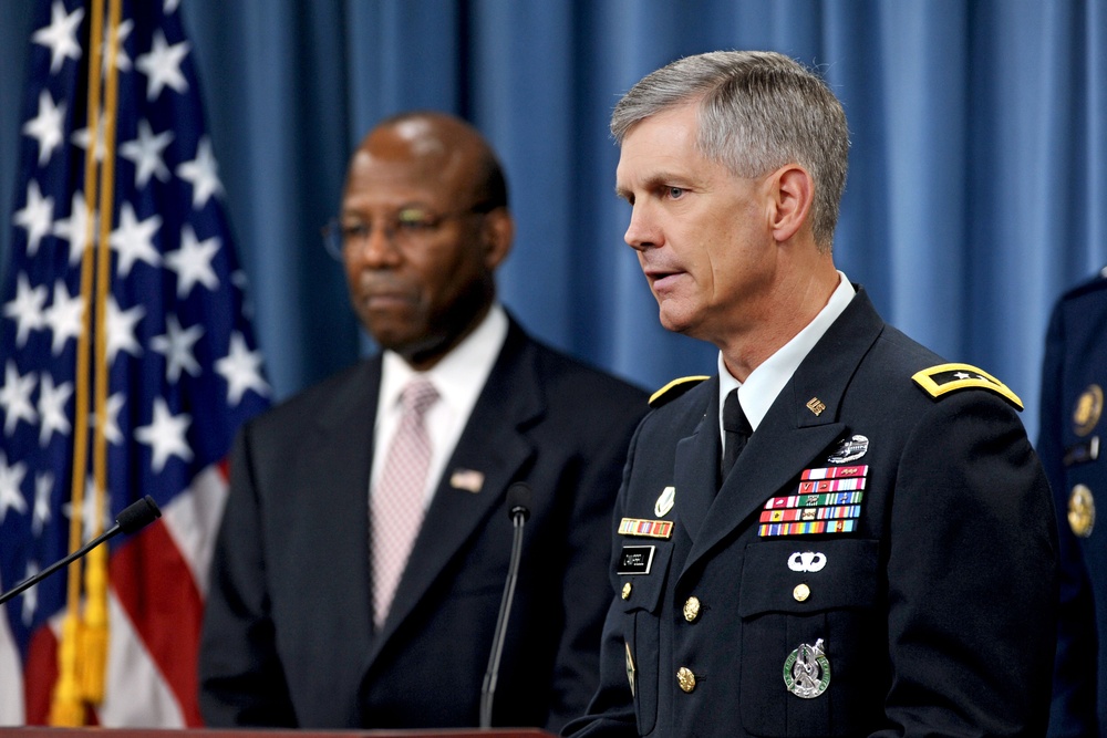 Maj. Gen. Donald M. Campbell Jr. speaks about recruiting efforts during a Pentagon press briefing.