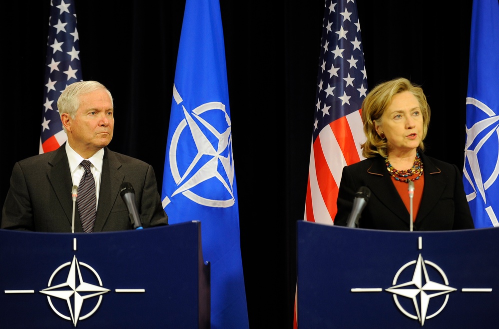 Secretary Gates and Secretary of State Hilary Clinton hold a press conference.