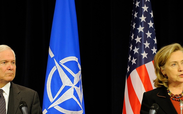 Secretary Gates and Secretary of State Hilary Clinton hold a press conference.