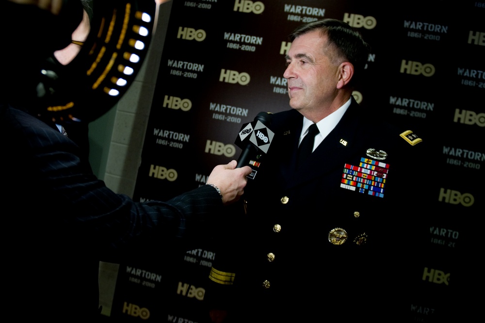 Gen. Peter Charelli is interviewed at the premiere of the HBO documentary &quot;Wartorn 1861-2010.&quot;