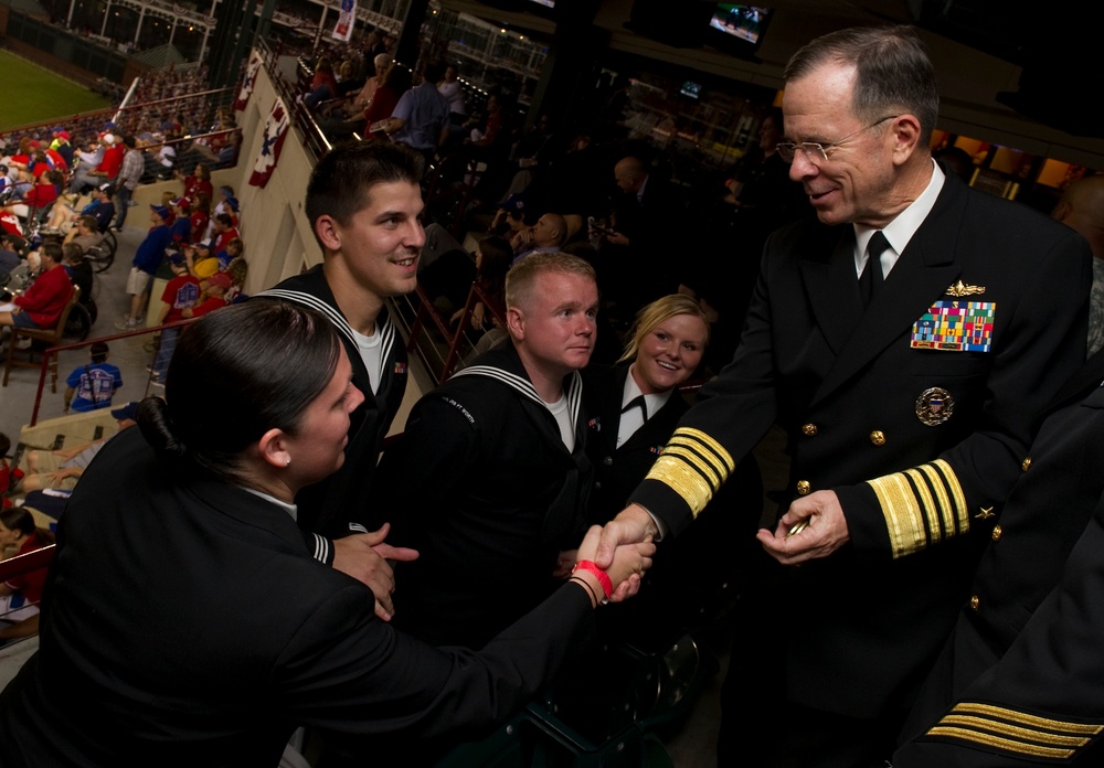 Adm. Mike Mullen greets Navy sailors at Game 4 of the 106th World Series.