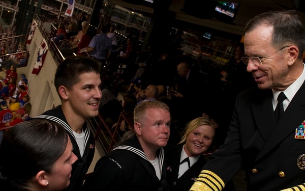Adm. Mike Mullen greets Navy sailors at Game 4 of the 106th World Series.