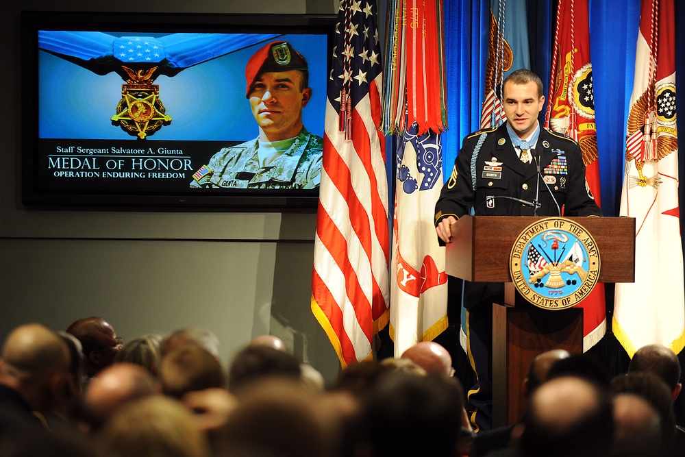 Medal of Honor recipient Army Staff Sgt. Salvatore Giunta thanks his teammates.