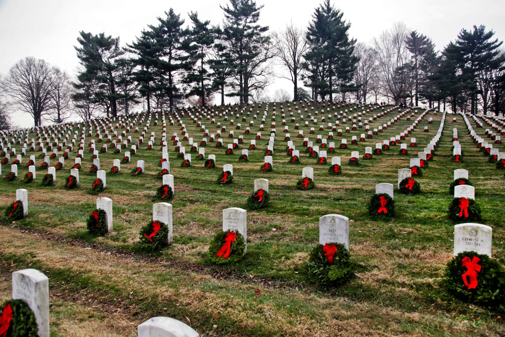 More than 7,000 volunteers placed 24,000 wreaths on the headstones of fallen troops at Arlington National Cemetery.