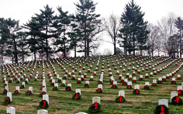 More than 7,000 volunteers placed 24,000 wreaths on the headstones of fallen troops at Arlington National Cemetery.