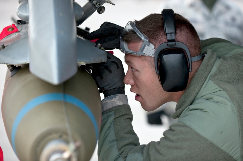 Airman 1st Class Lucas Wolf secures an MK-82 bomb on an F-16 Fighting Falcon aircraft.